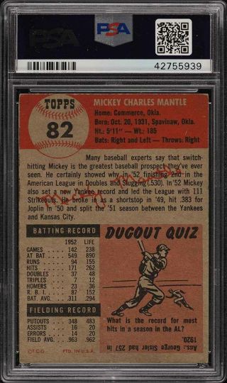 1953 Topps Mickey Mantle SHORT PRINT 82 PSA 5 EX (PWCC) 2