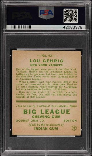 1933 Goudey Lou Gehrig 92 PSA 3 VG (PWCC) 2