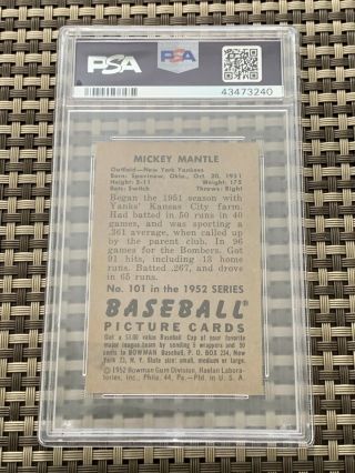 1952 Bowman 101 Mickey Mantle PSA EX 5 Centered JUST BACK FROM PSA HOF BEAUTY 2