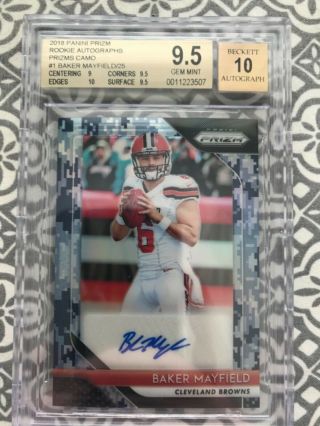 2018 Prizm Camo Baker Mayfield /25 Auto Bgs 9.  5 With 10 Autograph