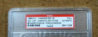 9/25/68 Mickey Mantle ' s Last Game @Yankee Stadium & LAST MLB HIT Full Ticket PSA 2
