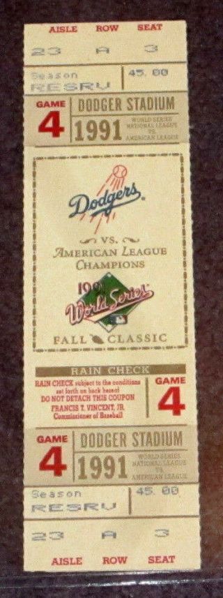 1991 Los Angeles Dodgers World Series Game 4 Seat 3 Phantom Ticket Near