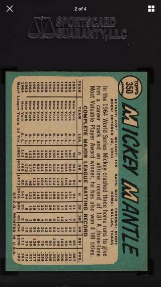 1965 Topps Mickey Mantle 350 PSA/SGC 8 NM - MT Dead Centered 2