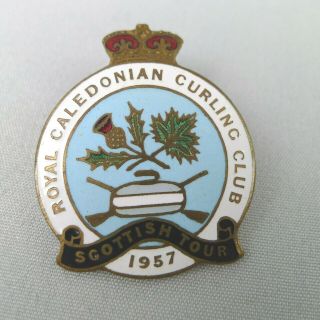 Vintage Royal Caledonian Curling Club Enamel Pin Scottish Tour 1957