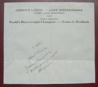 Heavyweight Champ James J.  Braddock " Autograph Note On Training Camp Stationary