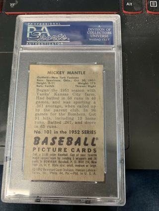1952 Bowman 101 Mickey Mantle PSA 4 - Cebtered,  Focused And No Print Marks 2