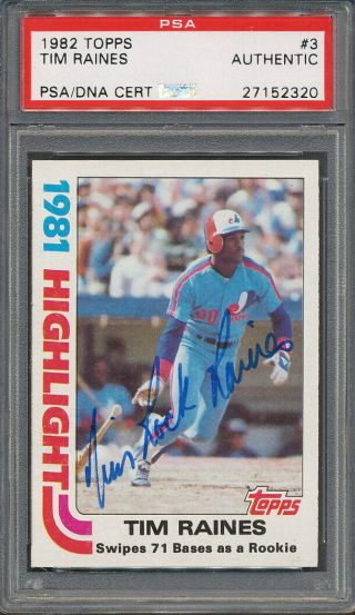 1982 Topps 3 Tim Rock Raines Psa/dna Certified Authentic Signed Auto 2320