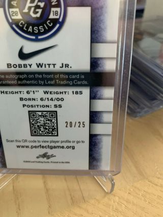 2018 Leaf Metal Perfect Game All American Bobby Witt Jr.  Purple Auto 20/25 3