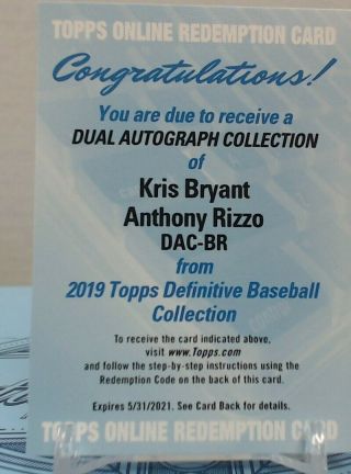 2019 Topps Definitive Kris Bryant Anthony Rizzo Dual Autograph Auto Cubs