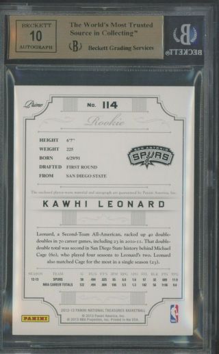 2012 - 13 National Treasures Kawhi Leonard RC Patch AUTO /199 BGS 9.  5 w/ (2) 10 ' s 2