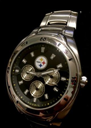 Pittsburgh Steelers Fossil Men’s Watch Stainless Steel/3 Faces/nfl Hard To Find