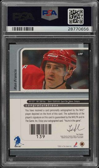 2001 Be A Player Signature Series Gold Ron Francis AUTO LRF PSA 10 GEM (PWCC) 2