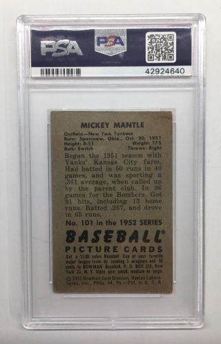 1952 Bowman 101 Mickey Mantle HOF PSA 3 VG 2