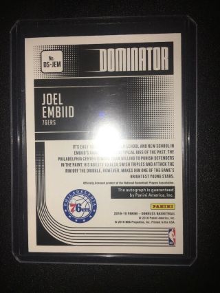 2018 - 19 Donruss Dominator Auto Joel Embiid /49 76ers 2