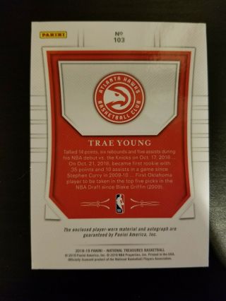 2018 - 19 National Treasures Trae Young RPA RC 4 - Color Patch AUTO 95/99 2