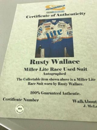 1997 RUSTY WALLACE MILLER LITE BEER RACE DRIVERS SUIT SIGNED 8