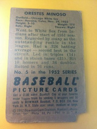 1952 BOWMAN 5 MINNIE MINOSO ROOKIE CARD CHICAGO WHITE SOX G - F 2