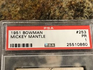 1951 Bowman Mickey Mantle ROOKIE York Yankees 253 Baseball Card PSA 1 3