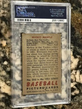 1951 Bowman Mickey Mantle ROOKIE York Yankees 253 Baseball Card PSA 1 5