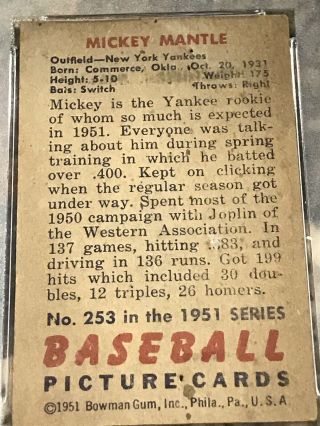1951 Bowman Mickey Mantle ROOKIE York Yankees 253 Baseball Card PSA 1 6
