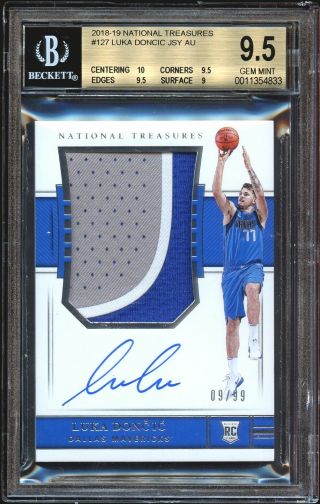 2018 - 19 Panini National Treasures Luka Doncic Rookie Patch Auto 09/99 Bgs 9.  5 10