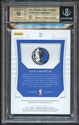 2018 - 19 Panini National Treasures LUKA DONCIC Rookie Patch Auto 09/99 BGS 9.  5 10 2