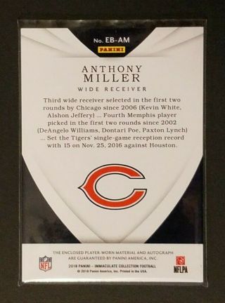 2018 ANTHONY MILLER - 2/99 Immaculate RPA - Eye Black Rookie Patch Auto - BEARS 2