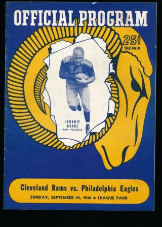 Ex Plus 9/22/1940 Eagles @ Cleveland Rams Nfl Program - Johnny Drake 2 Td Runs
