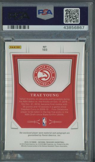 2018 - 19 National Treasures Trae Young RC Patch /99 PSA 10 PSA/DNA 10 AUTO POP 2 2