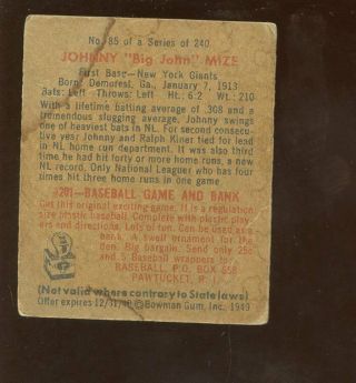 1949 Bowman Baseball Card 85 Johnny Mize 2