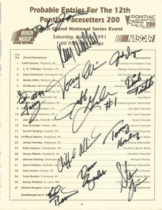 1991 Darlington Hand Signed Autographed Lineup Sheet