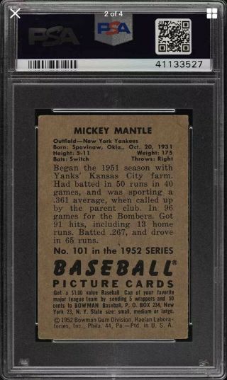 1952 Bowman Mickey Mantle 101 PSA 4 VGEX HOF Hall Centered 2