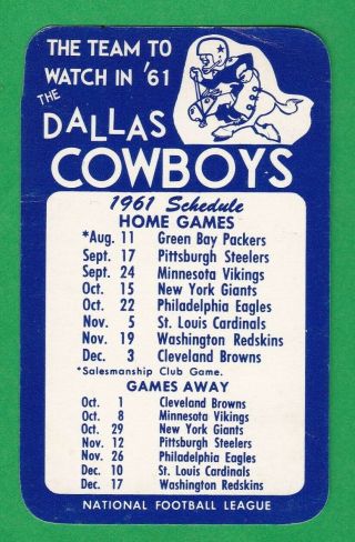 1961 Dallas Cowboys Pocket Schedule - Team Issued - Very Hard To Find