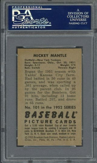 1952 Topps 101 Mickey Mantle York Yankees HOF PSA 5 EX 