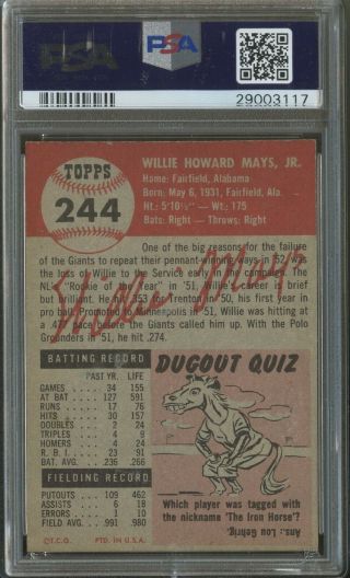 1953 Topps 244 Willie Mays Giants HOF PSA 5 EX 