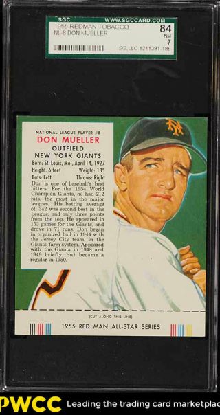 1955 Red Man Tobacco Don Mueller With Tab 8 Sgc 7 Nrmt (pwcc)