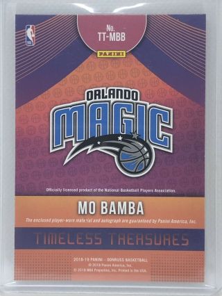 2018 - 19 Donruss Timeless Treasures Mo Bamba /99 RPA 2 Color Patch Auto Jersey 2