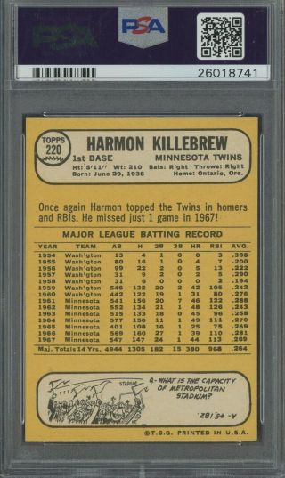 1968 Topps 220 Harmon Killebrew Minnesota Twins HOF PSA 10 GEM 2