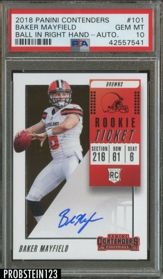 2018 Contenders Rookie Ticket Baker Mayfield Rc Auto Ball Right Hand Psa 10