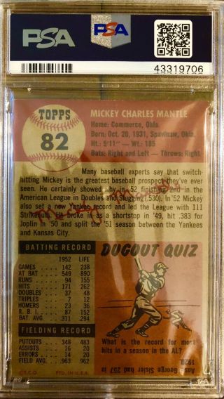 1953 Topps Mickey Mantle SHORT PRINT 82 PSA - Authentic - Altered.  NM - MT, 2