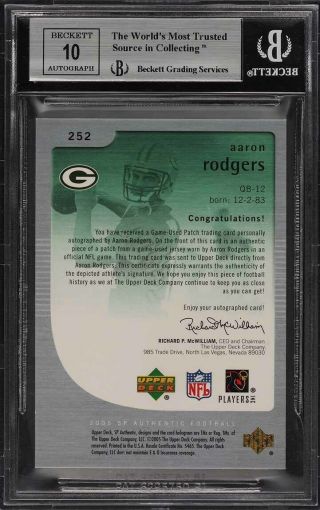 2005 SP Authentic Aaron Rodgers ROOKIE RC AUTO PATCH /99 252 BGS 9 (PWCC) 2