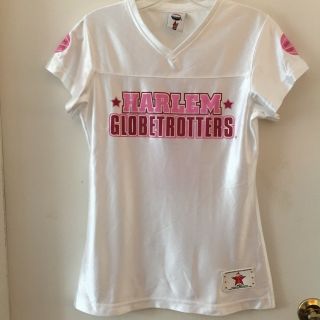 Harlem Globetrotters Pink And White Ladies Vneck Short Sleeved Jersey Size Small