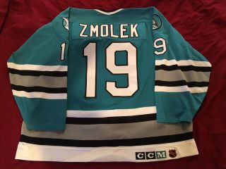 1993 Doug Zmolek 19 San Jose Sharks Game Worn NHL Hockey CCM Jersey Size 54 8