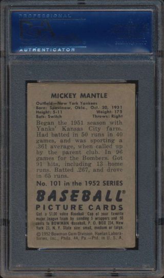 1952 Bowman 101 Mickey Mantle HOF PSA 3 VG 51732 2