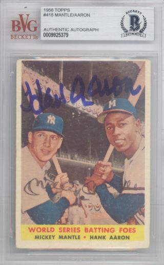 Mickey Mantle & Hank Aaron Autographed 1958 Topps Card 418 Beckett 9925379