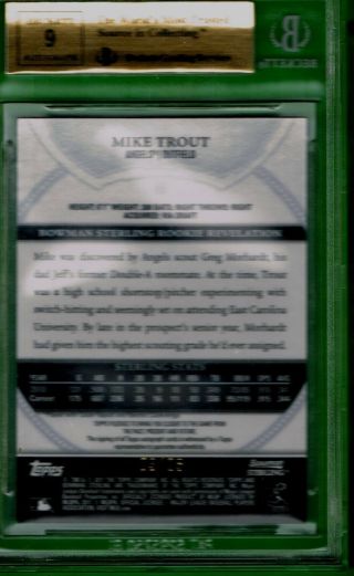 2011 Bowman Sterling 19 MIKE TROUT BLACK REFRACTOR AUTO 03/25 BGS 9.  5 GEM 2