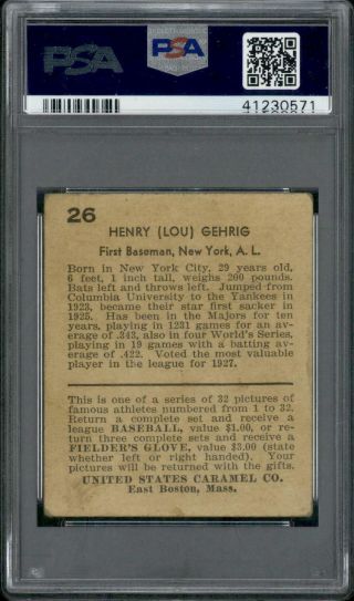 1932 U.  S.  Caramel 26 Lou Gehrig PSA 2 2
