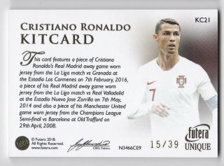 2018 Futera Cristiano Ronaldo Kitcard Quad Game Jersey Patch 15/39 PORTUGAL 2