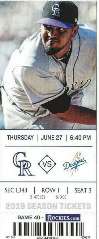 Los Angeles Dodgers Vs Colorado Rockies Ticket Stub 6/27/19 -