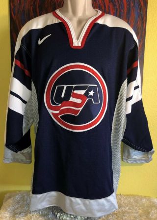 1998 Mens Nike Team Sports Usa Olympic Hockey Jersey W/ Fight Strap Size 44 Navy